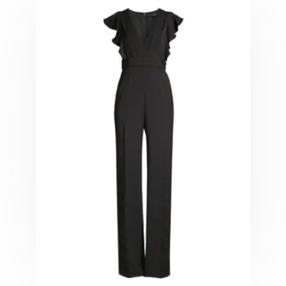 NWT JAYGODFREY GOLDWYN RUFFLE-SLEEVE V-NECK JUMPSUIT IN BLACK SIZE 6 - Picture 1 of 7